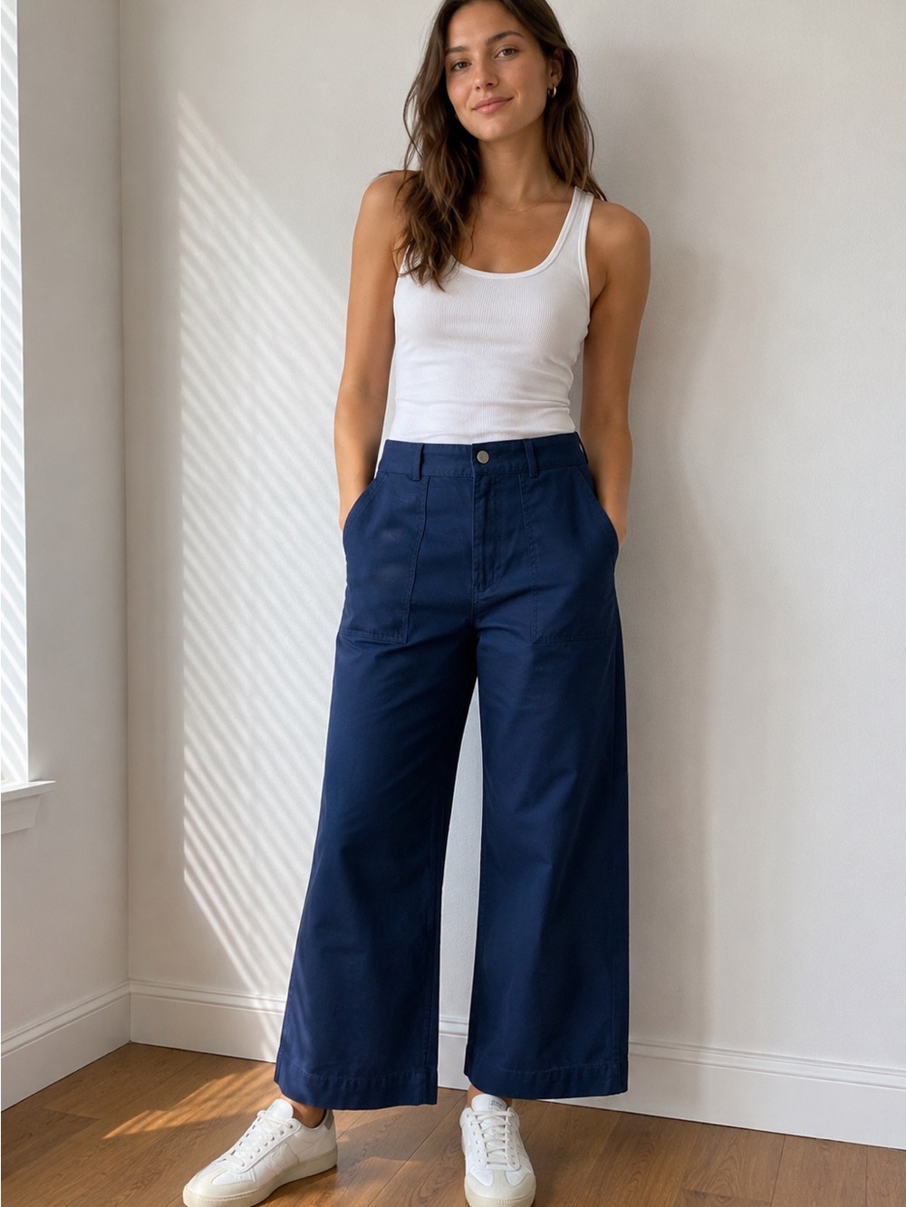 LOFT Navy Wide-Leg Cotton Utility Pants